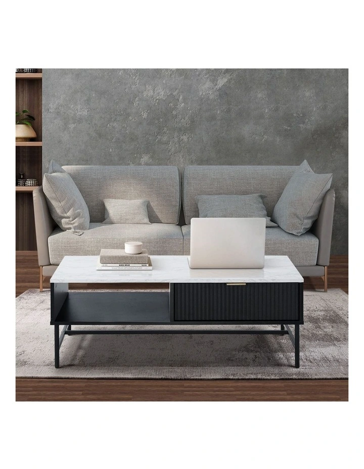 Oikiture Coffee Table 1 Drawer Sofa End Table Storage Shelf Black and White image 5