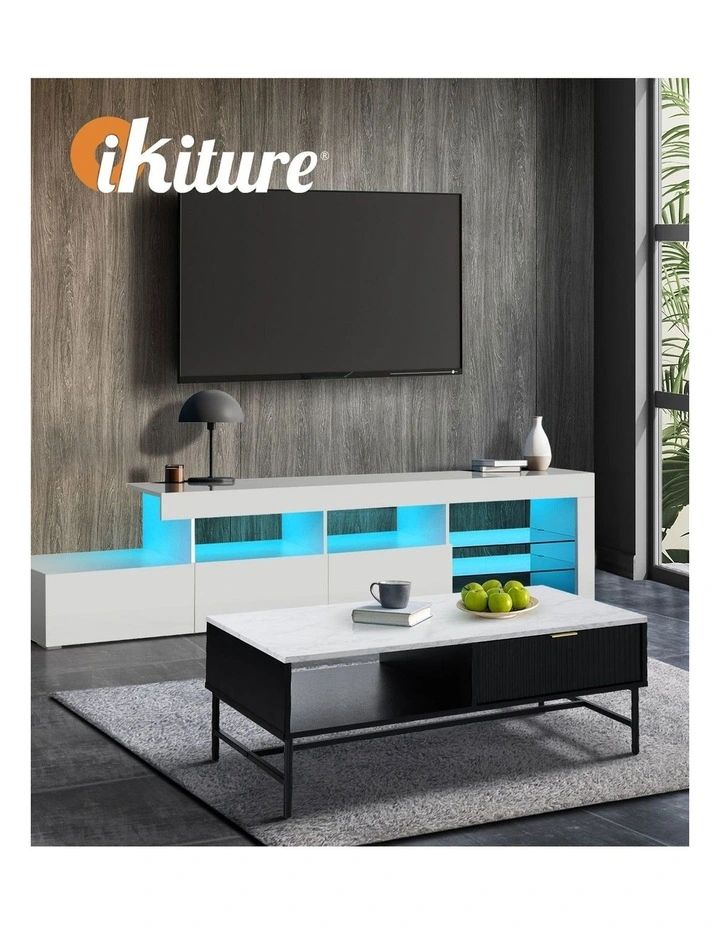 Oikiture Coffee Table 1 Drawer Sofa End Table Storage Shelf Black and White image 7
