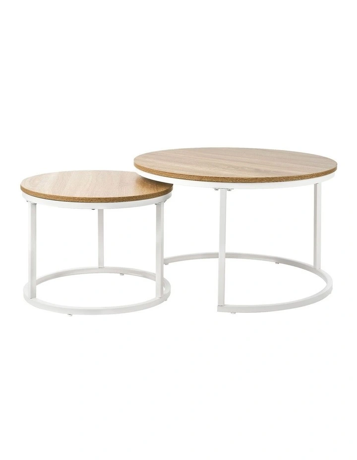 Oikiture Set of 2 Coffee Table Round Nesting Side End Table Natural and White image 2
