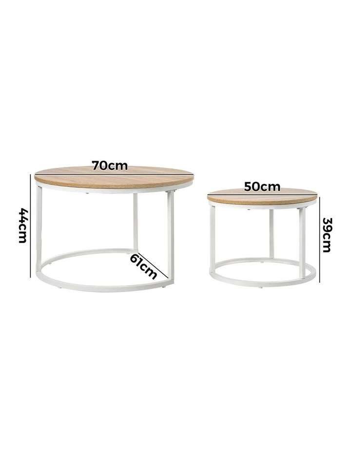 Oikiture Set of 2 Coffee Table Round Nesting Side End Table Natural and White image 3