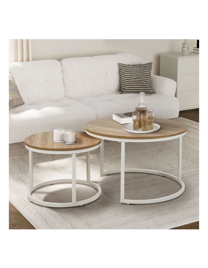 Oikiture Set of 2 Coffee Table Round Nesting Side End Table Natural and White image 4