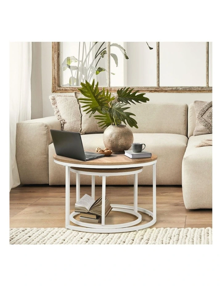 Oikiture Set of 2 Coffee Table Round Nesting Side End Table Natural and White image 5