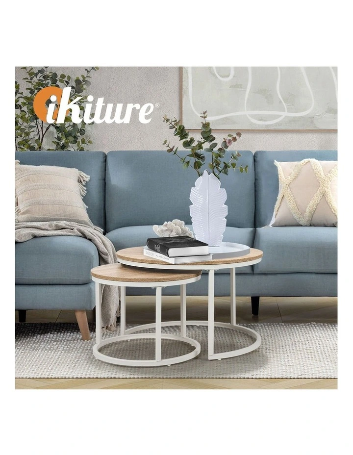 Oikiture Set of 2 Coffee Table Round Nesting Side End Table Natural and White image 7