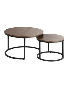 Oikiture Set of 2 Coffee Table Round Nesting Side End Table Walnut & Black
