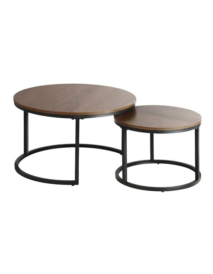 Oikiture Set of 2 Coffee Table Round Nesting Side End Table Walnut & Black image 1