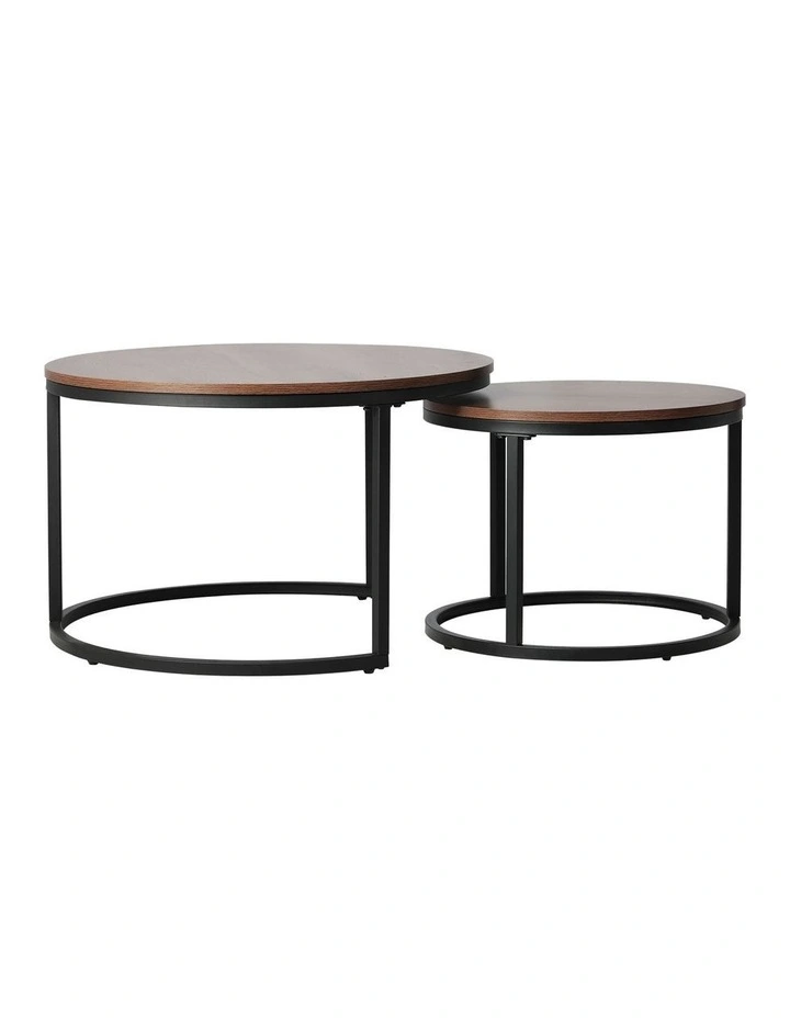 Oikiture Set of 2 Coffee Table Round Nesting Side End Table Walnut & Black image 2