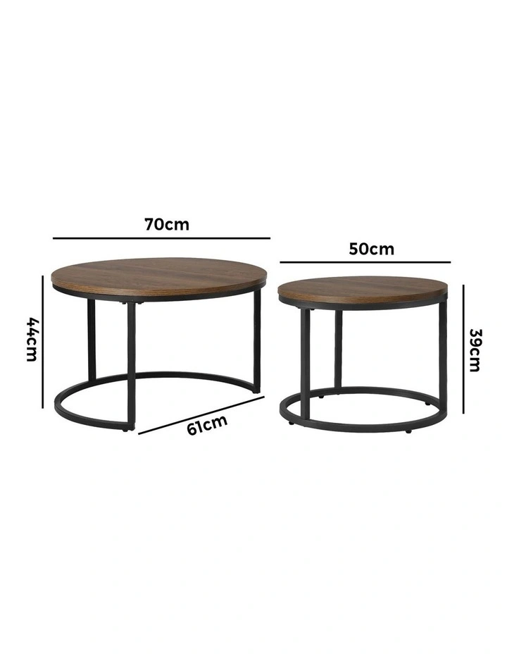 Oikiture Set of 2 Coffee Table Round Nesting Side End Table Walnut & Black image 3