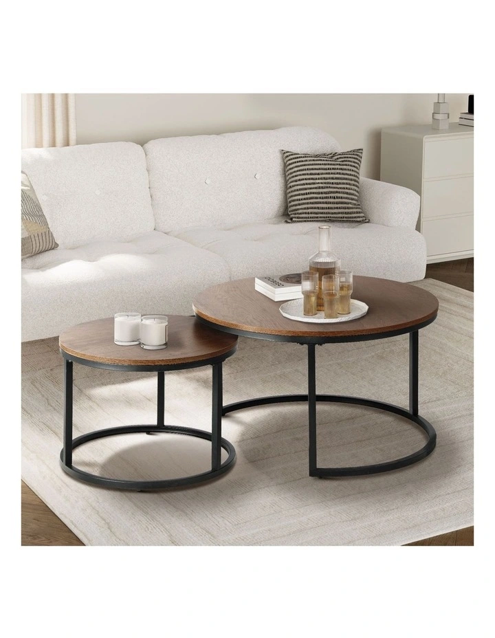 Oikiture Set of 2 Coffee Table Round Nesting Side End Table Walnut & Black image 4