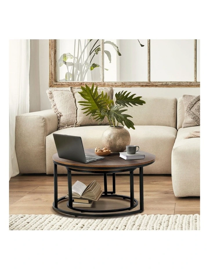 Oikiture Set of 2 Coffee Table Round Nesting Side End Table Walnut & Black image 5