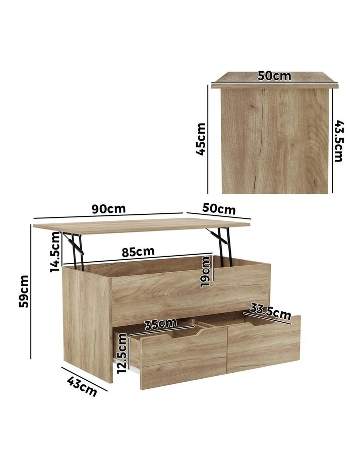 Oikiture Coffee Table Lift Up Top Hidden Storage Laptop Desk 2 Drawers Natural image 3