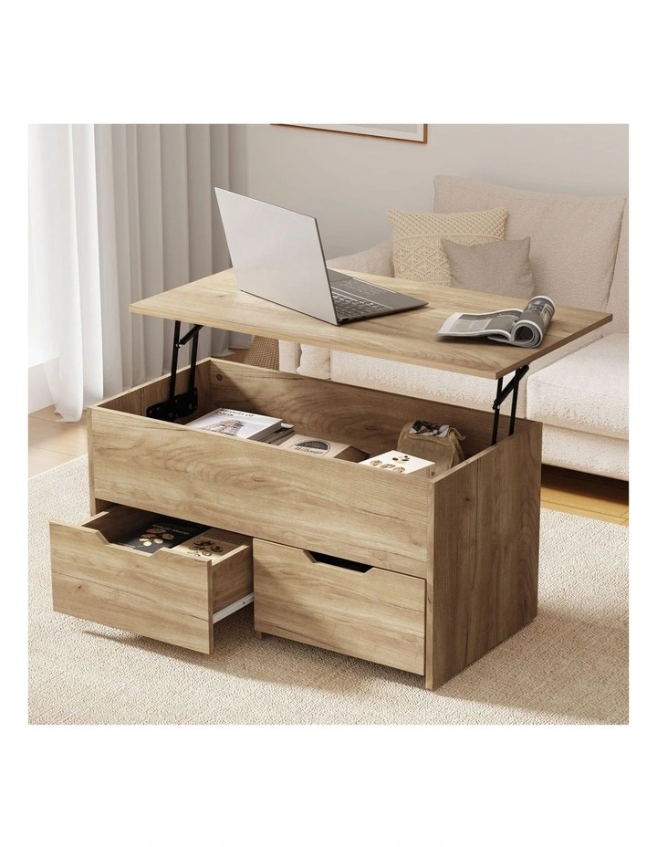 Oikiture Coffee Table Lift Up Top Hidden Storage Laptop Desk 2 Drawers Natural image 4