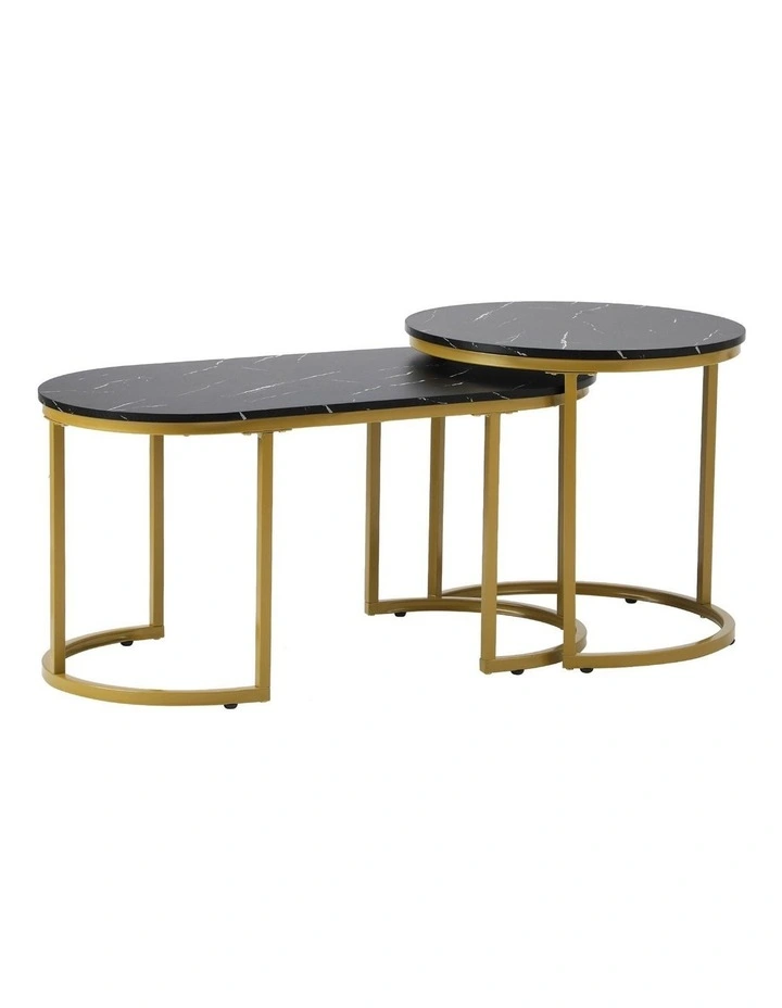 Oikiture Coffee Table Set of 2 Nesting Side End Tables Marble Effect Gold Black image 1