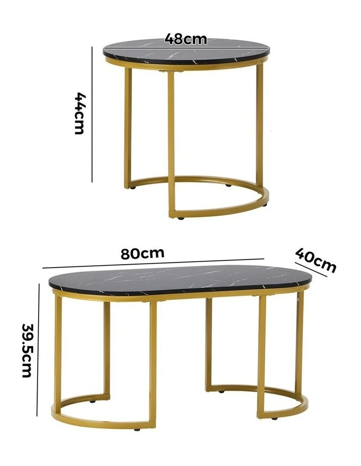 Oikiture Coffee Table Set of 2 Nesting Side End Tables Marble Effect Gold Black image 3