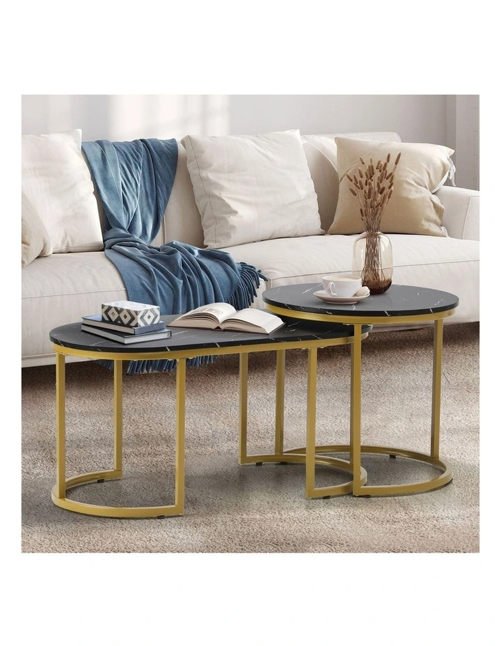 Oikiture Coffee Table Set of 2 Nesting Side End Tables Marble Effect Gold Black image 4