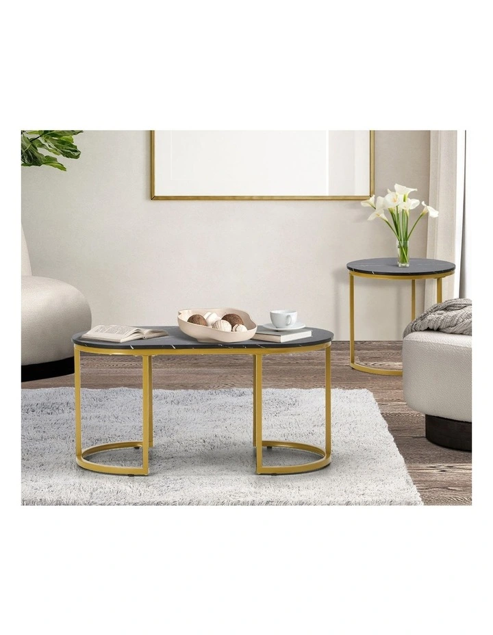 Oikiture Coffee Table Set of 2 Nesting Side End Tables Marble Effect Gold Black image 5