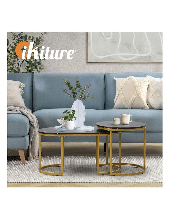 Oikiture Coffee Table Set of 2 Nesting Side End Tables Marble Effect Gold Black image 7