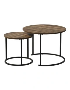 Oikiture Set of 2 Nesting Coffee Table Round Side End Tables Walnut and Black