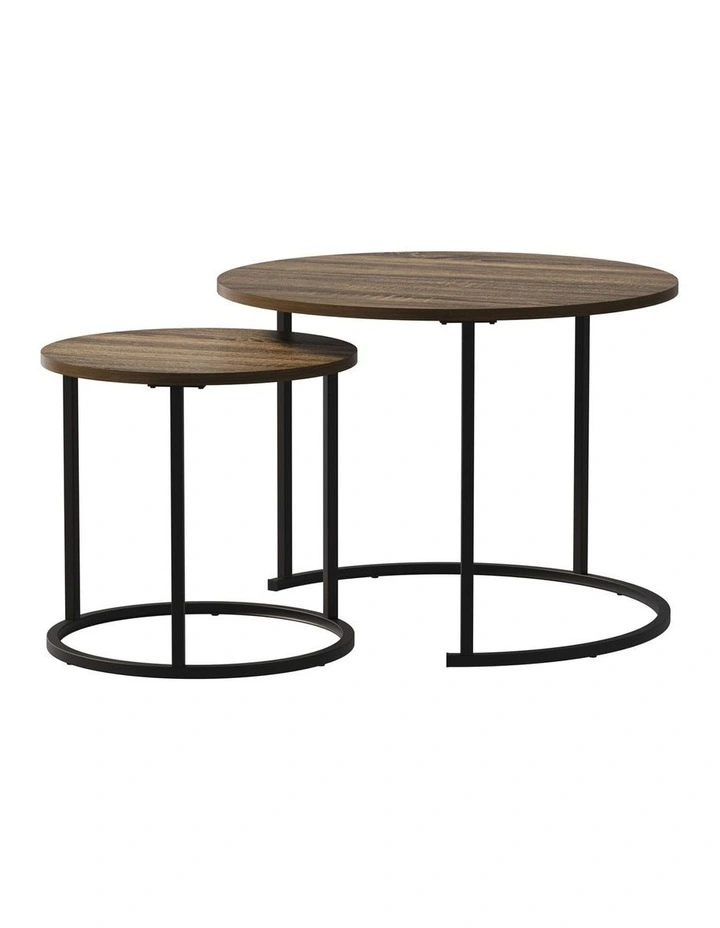 Oikiture Set of 2 Nesting Coffee Table Round Side End Tables Walnut and Black image 2