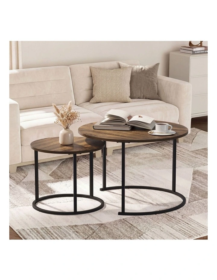 Oikiture Set of 2 Nesting Coffee Table Round Side End Tables Walnut and Black image 4