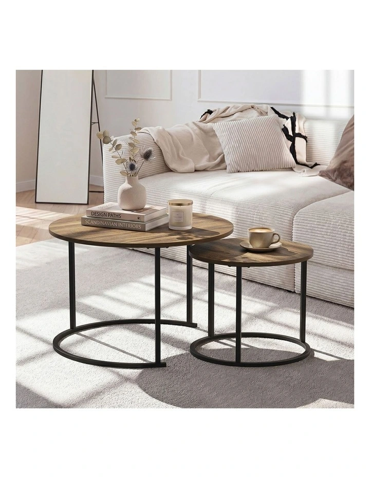 Oikiture Set of 2 Nesting Coffee Table Round Side End Tables Walnut and Black image 5