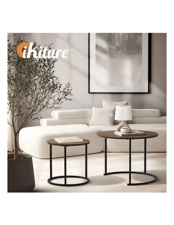 Oikiture Set of 2 Nesting Coffee Table Round Side End Tables Walnut and Black image 7