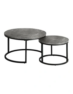 Oikiture Set of 2 Coffee Table Round Marble-like Nesting Side Tables Grey Black