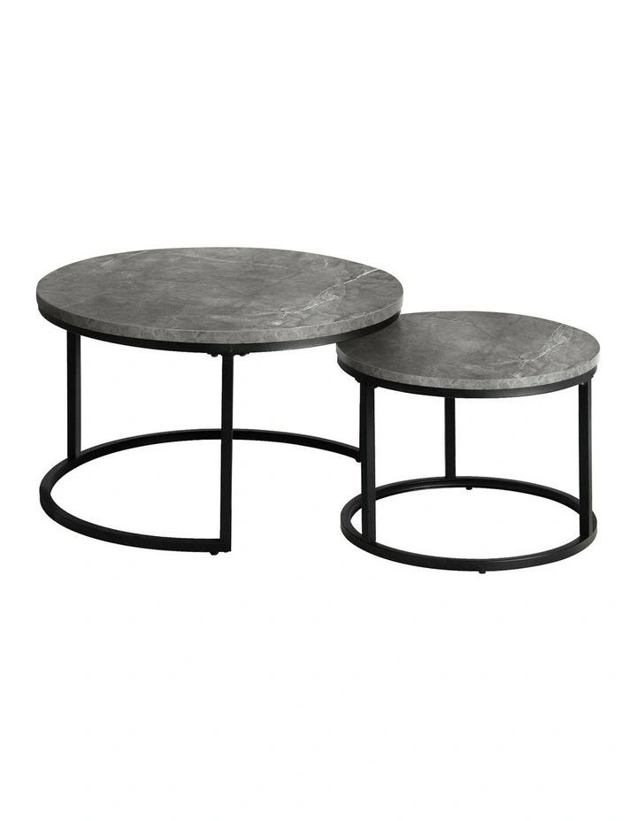 Oikiture Set of 2 Coffee Table Round Marble-like Nesting Side Tables Grey Black image 1