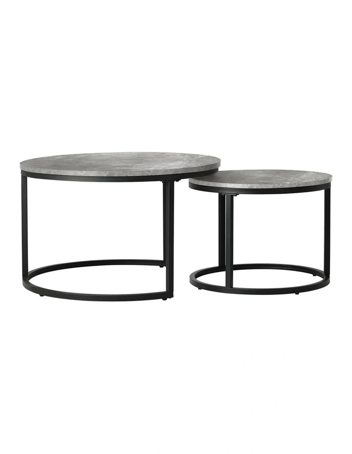 Oikiture Set of 2 Coffee Table Round Marble-like Nesting Side Tables Grey Black image 2