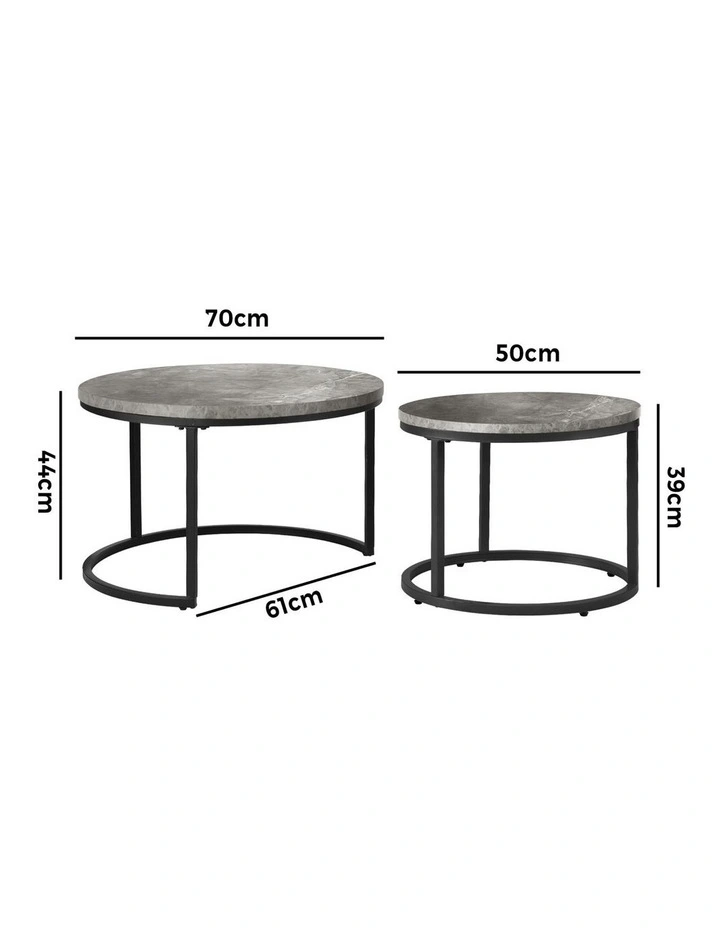 Oikiture Set of 2 Coffee Table Round Marble-like Nesting Side Tables Grey Black image 3