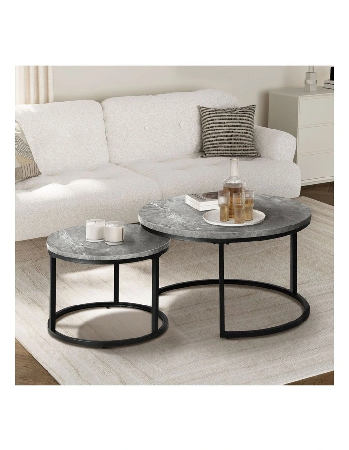 Oikiture Set of 2 Coffee Table Round Marble-like Nesting Side Tables Grey Black image 4