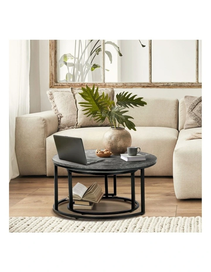 Oikiture Set of 2 Coffee Table Round Marble-like Nesting Side Tables Grey Black image 5