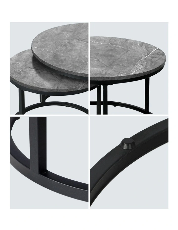Oikiture Set of 2 Coffee Table Round Marble-like Nesting Side Tables Grey Black image 6