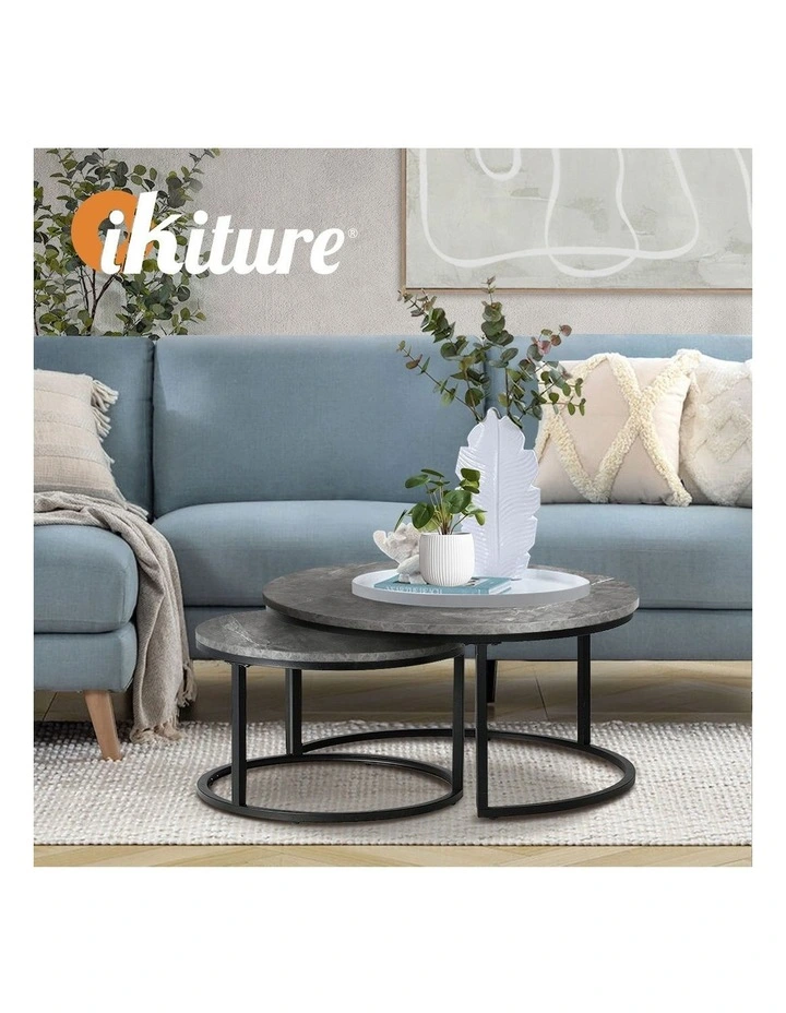 Oikiture Set of 2 Coffee Table Round Marble-like Nesting Side Tables Grey Black image 7