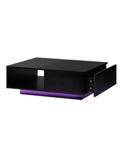 Oikiture Coffee Table LED Light High Gloss Storage Drawer Modern Furniture Black