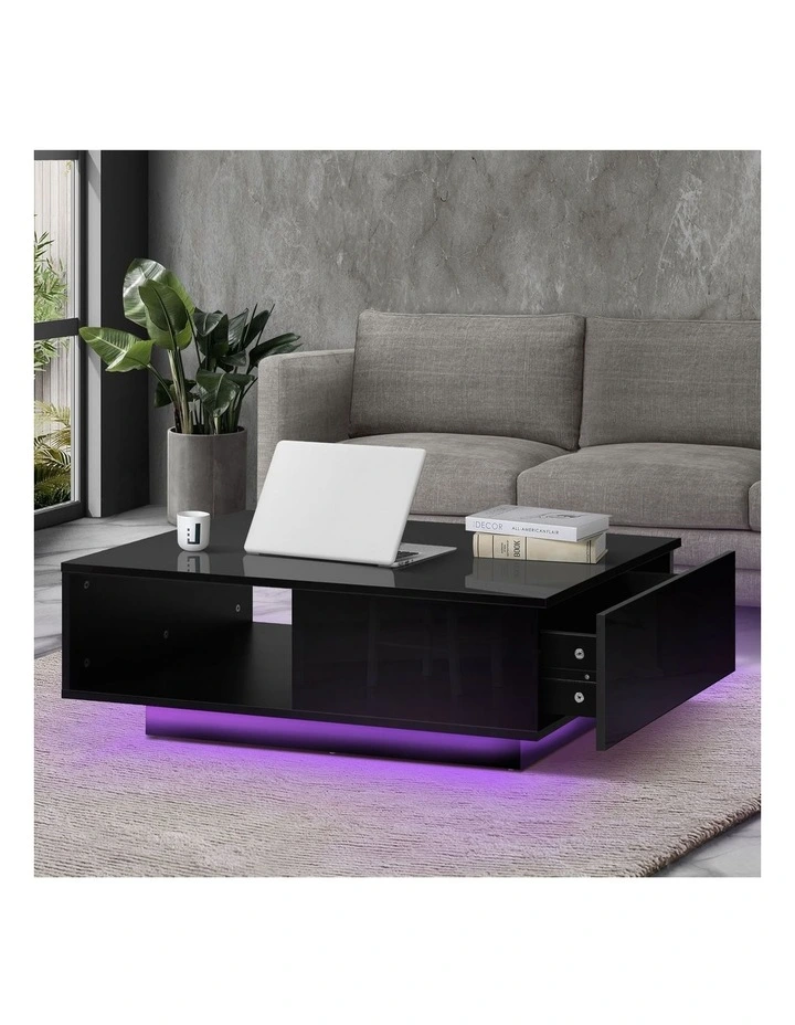 Oikiture Coffee Table LED Light High Gloss Storage Drawer Modern Furniture Black image 4