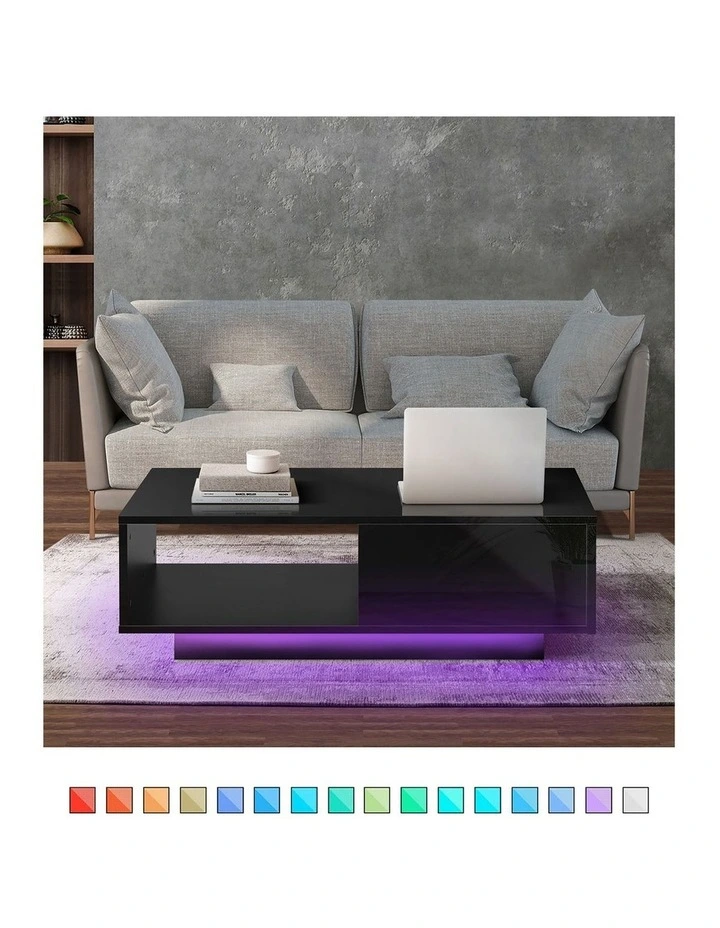 Oikiture Coffee Table LED Light High Gloss Storage Drawer Modern Furniture Black image 5