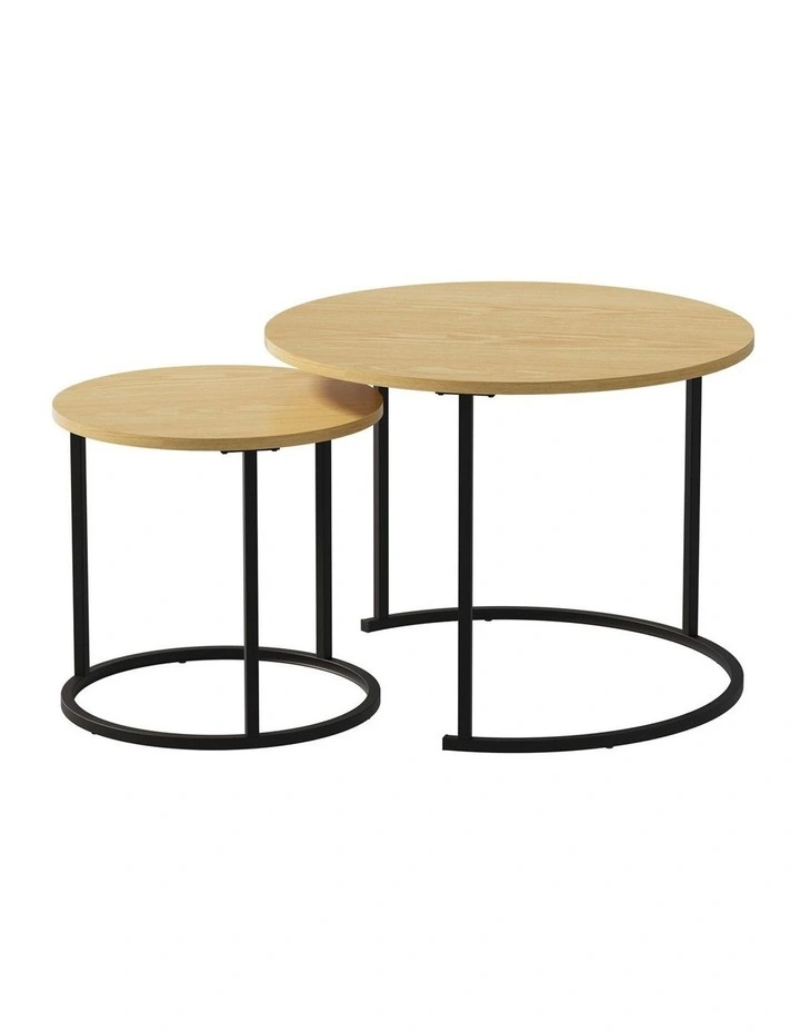 Oikiture Set of 2 Nesting Coffee Table Round Side End Tables Natural and black image 1