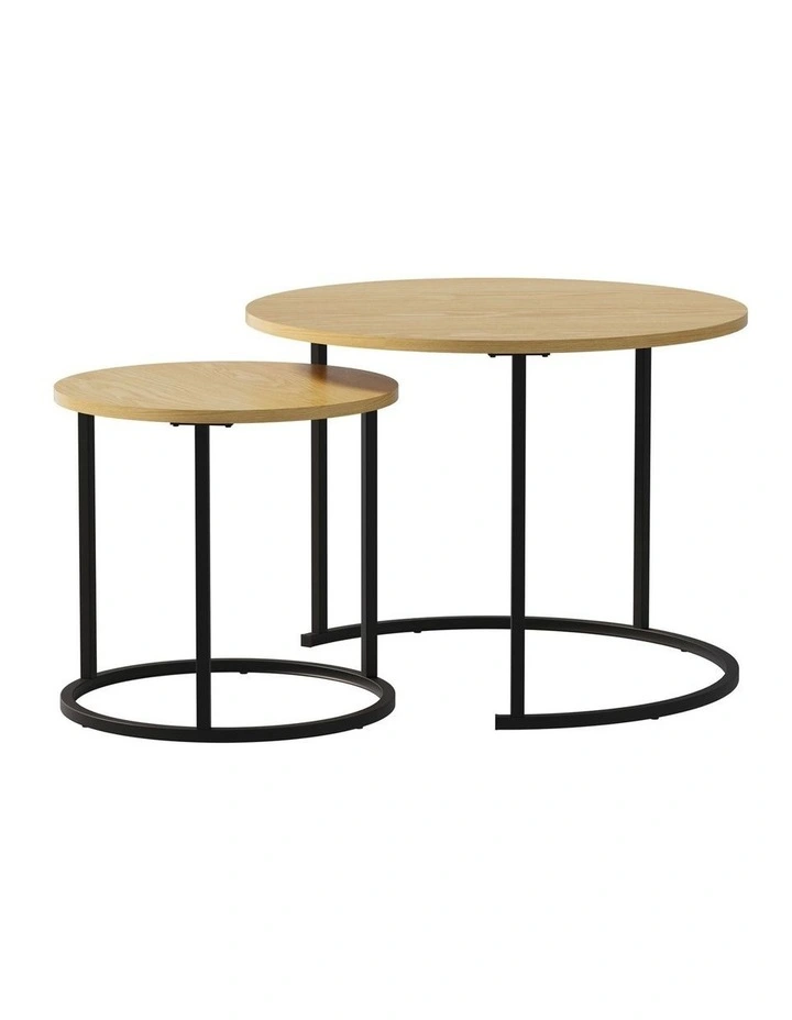 Oikiture Set of 2 Nesting Coffee Table Round Side End Tables Natural and black image 2