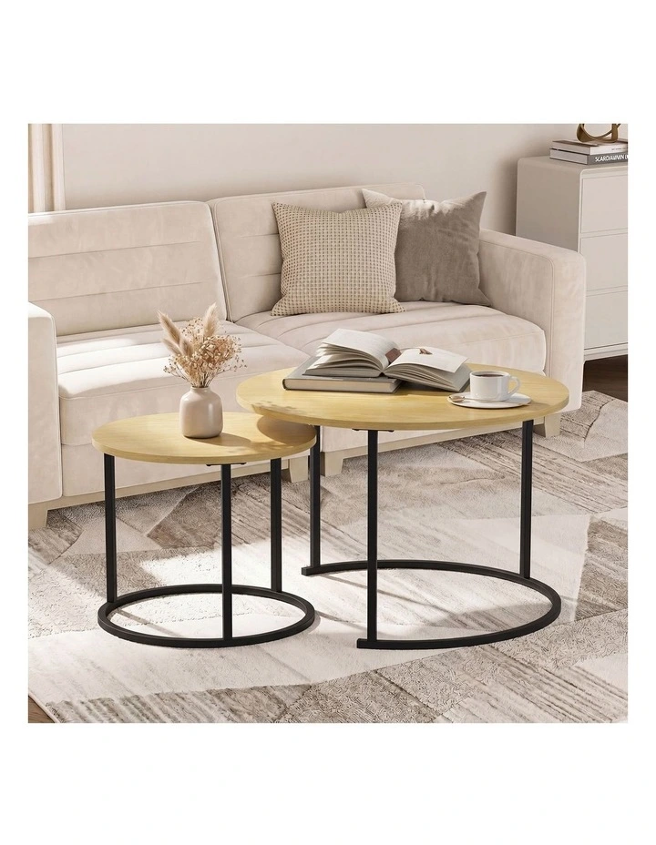 Oikiture Set of 2 Nesting Coffee Table Round Side End Tables Natural and black image 4