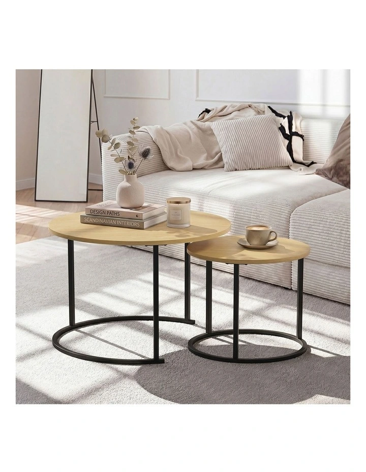 Oikiture Set of 2 Nesting Coffee Table Round Side End Tables Natural and black image 5
