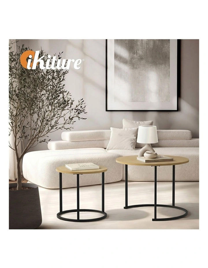 Oikiture Set of 2 Nesting Coffee Table Round Side End Tables Natural and black image 7