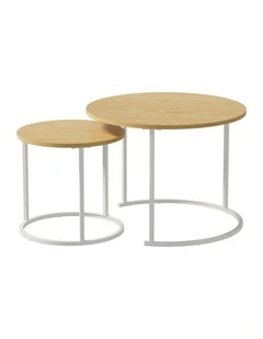 Oikiture Set of 2 Nesting Coffee Table Round Side End Tables Natural and White