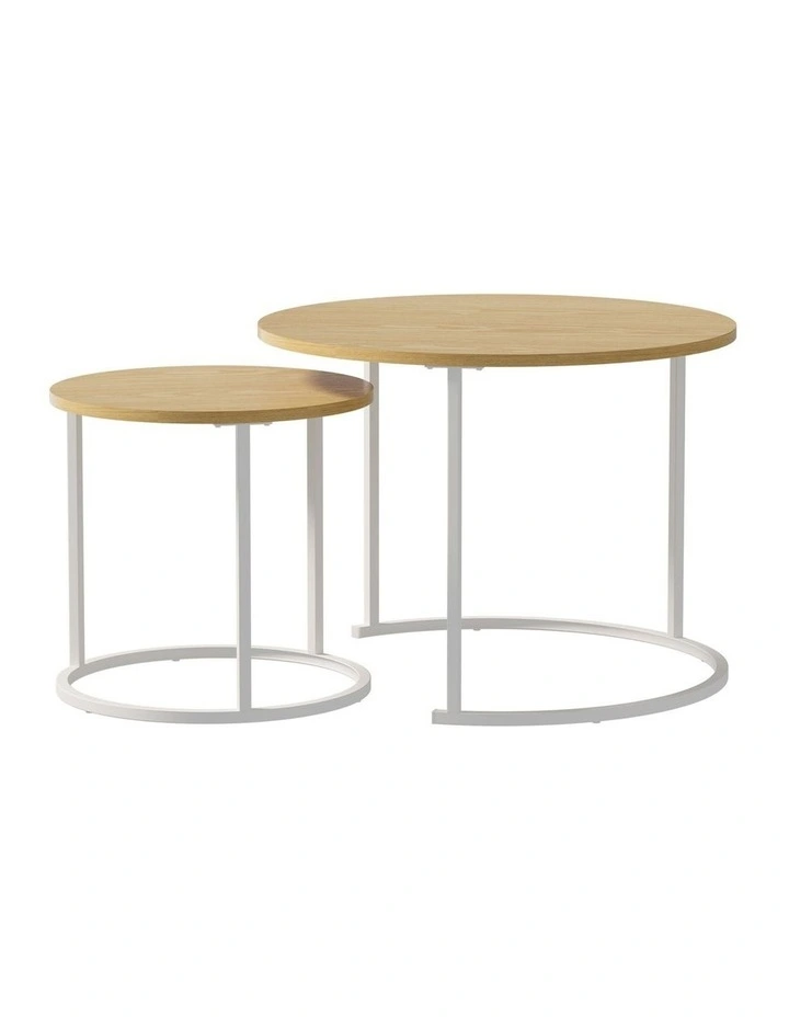 Oikiture Set of 2 Nesting Coffee Table Round Side End Tables Natural and White image 2