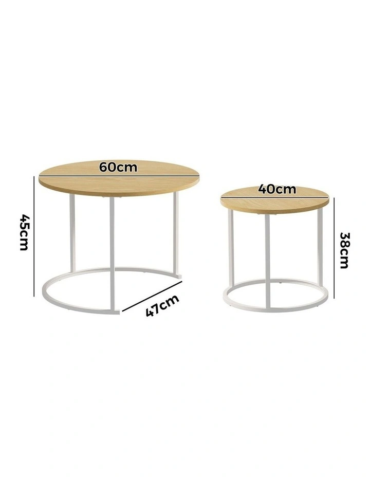 Oikiture Set of 2 Nesting Coffee Table Round Side End Tables Natural and White image 3