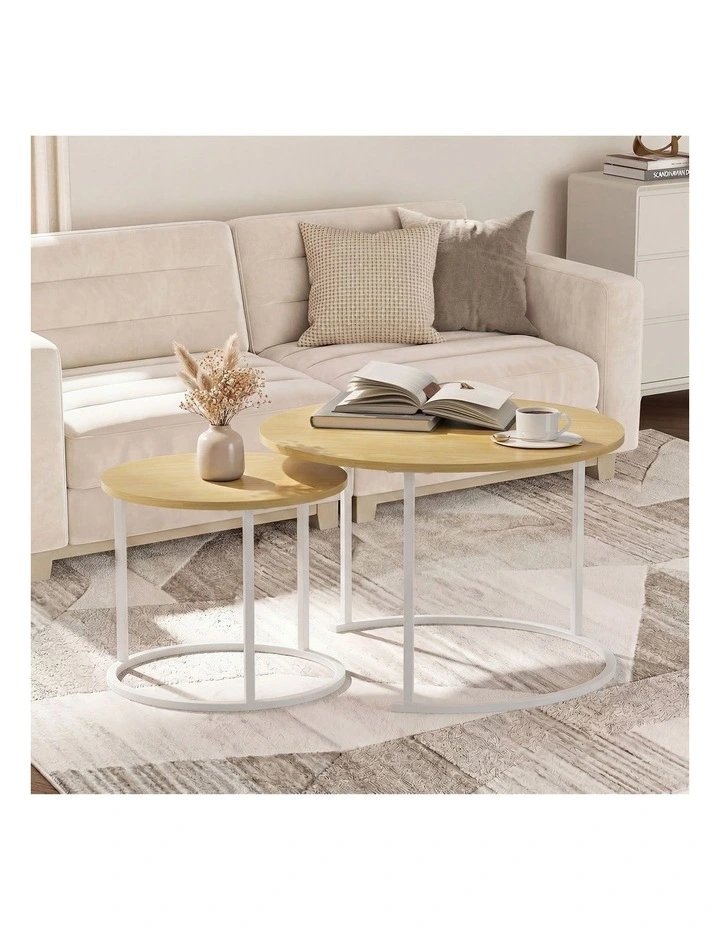 Oikiture Set of 2 Nesting Coffee Table Round Side End Tables Natural and White image 4