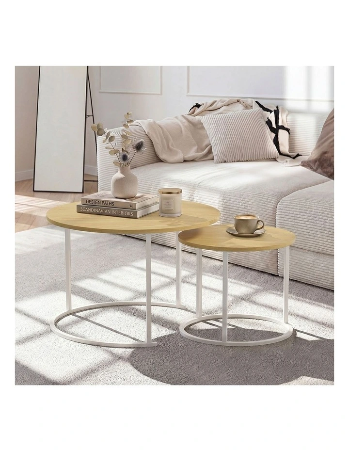 Oikiture Set of 2 Nesting Coffee Table Round Side End Tables Natural and White image 5
