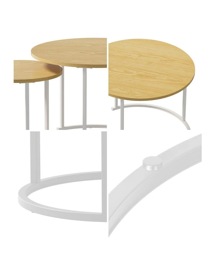 Oikiture Set of 2 Nesting Coffee Table Round Side End Tables Natural and White image 6
