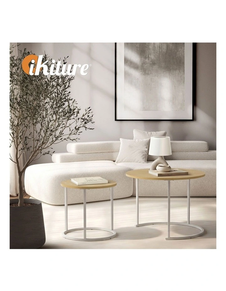 Oikiture Set of 2 Nesting Coffee Table Round Side End Tables Natural and White image 7