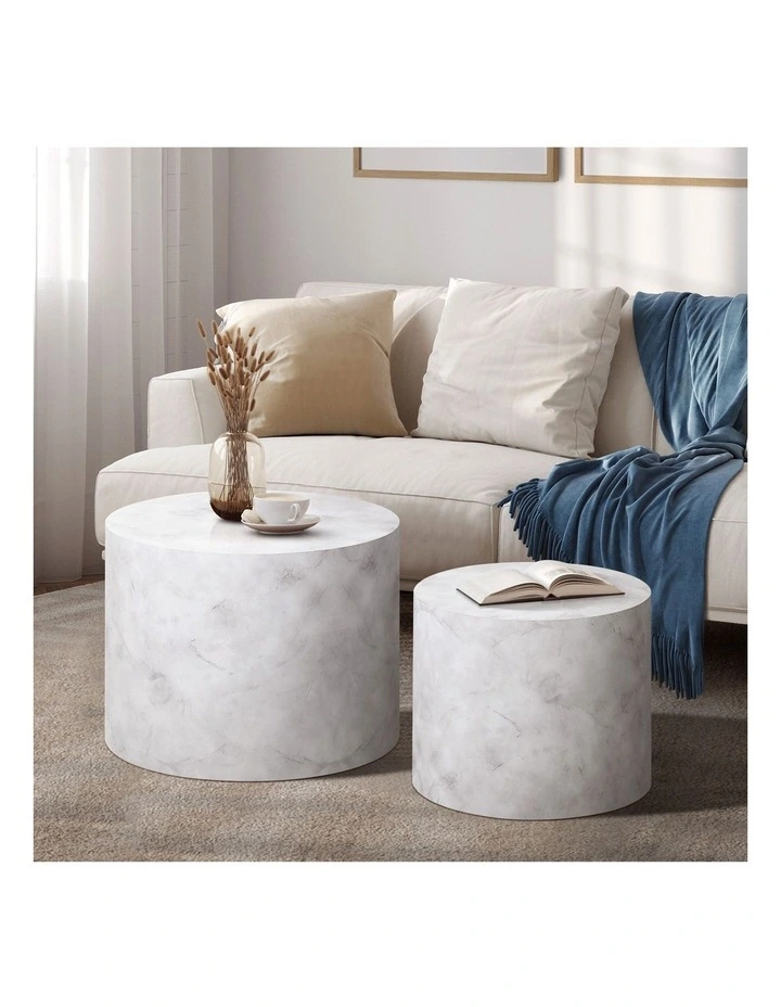 Oikiture Coffee Table Set of 2 Round Side Tables Sofa Cafe Marble Effect White image 4
