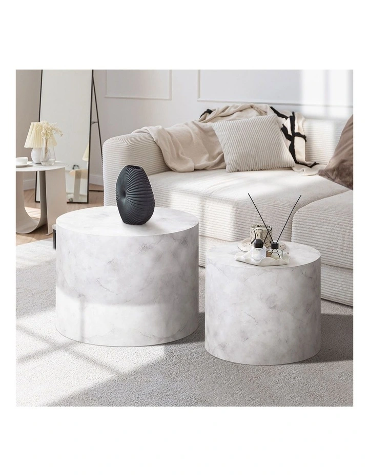 Oikiture Coffee Table Set of 2 Round Side Tables Sofa Cafe Marble Effect White image 5